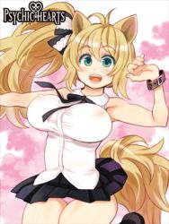 Rule 34 | 1girl, animal ears, arms up, blonde hair, breasts, character request, covered erect nipples, green eyes, high ponytail, large breasts, logo, long hair, looking at viewer, lowres, official art, open mouth, panties, panty peek, plaid, plaid skirt, psychic hearts, ryoji (nomura ryouji), skirt, sleeveless, solo, tail, underwear, wristband