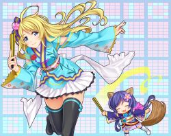 Rule 34 | 10s, 2girls, 440 (straight440), angelic angel, ayase eli, blonde hair, blue eyes, flower, folding fan, hand fan, japanese clothes, kimono, long hair, love live!, love live! school idol project, low twintails, multiple girls, open mouth, purple hair, raccoon tail, sash, short hair, smile, tail, thighhighs, tojo nozomi, twintails
