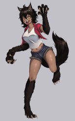 Rule 34 | 1girl, absurdres, animal ears, breasts, brown hair, claws, cleavage, fangs, grubgrub, highres, jacket, looking at viewer, navel, original, red jacket, rudy (rariatto), shirt, short shorts, shorts, slit pupils, smile, tail, tongue, tongue out, werewolf, white shirt, wolf ears, wolf paws, wolf tail, yellow eyes
