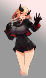 Rule 34 | 1girl, absurdres, azur lane, bare legs, black skirt, blonde hair, blush, breasts, brown eyes, cropped legs, cross, grey background, hair between eyes, headgear, hey taisyou, highres, horns, iron cross, jacket, large breasts, long sleeves, looking at viewer, mechanical hands, miniskirt, multicolored hair, open clothes, open jacket, open mouth, pleated skirt, red hair, roon (azur lane), simple background, skirt, solo, teeth, thighs, upper teeth only
