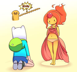 Rule 34 | 1boy, 1girl, :c, adventure time, backpack, bag, blush, cartoon network, clothes lift, dog, dress, dress lift, finn the human, flame princess, flaming hair, forehead jewel, gem, gradient background, jake, jake the dog, kneeling, lifting own clothes, navel, nollety, panties, simple background, underwear