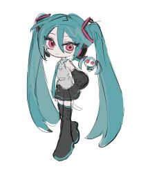 Rule 34 | 1girl, aimaina, black footwear, black skirt, black sleeves, blue hair, blue necktie, boots, closed mouth, detached sleeves, full body, hatsune miku, highres, long hair, long sleeves, looking at viewer, necktie, niku 0000, pink eyes, shirt, simple background, skirt, smile, solo, thigh boots, tokumei m (vocaloid), twintails, very long hair, vocaloid, white background, white shirt