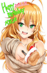 Rule 34 | 1girl, :d, ahoge, bad id, bad pixiv id, bare shoulders, blonde hair, blurry, blush, bra, breasts, cake, cleavage, collarbone, dated, food, food on face, foreshortening, fork, fruit, green eyes, hair between eyes, happy birthday, holding, hoshii miki, idolmaster, idolmaster (classic), inu (marukome), looking at viewer, off-shoulder, off-shoulder sweater, off shoulder, open mouth, red bra, smile, solo, sparkle, strawberry, sweater, underwear, upper body