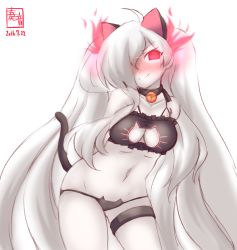 Rule 34 | 10s, 1girl, 2016, abyssal ship, ahoge, animal ears, arms behind back, artist name, bare shoulders, bell, neck bell, black bra, black panties, bra, breasts, cat cutout, cat ear panties, cat ears, cat lingerie, cat tail, choker, cleavage cutout, clothing cutout, colored skin, dated, frilled bra, frills, glowing, glowing eye, hair over one eye, highres, kanon (kurogane knights), kantai collection, long hair, looking at viewer, medium breasts, meme attire, navel, panties, red eyes, simple background, solo, southern ocean war princess, tail, twintails, underwear, underwear only, very long hair, white background, white hair, white skin