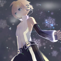 Rule 34 | 1boy, black shorts, blonde hair, blouse, blue eyes, blurry, blurry background, cowboy shot, d futagosaikyou, detached sleeves, from below, headphones, high collar, hip gear, kagamine len, kagamine len (append), looking to the side, male focus, outstretched arm, parted lips, see-through, see-through sleeves, shirt, short ponytail, shorts, sleeveless, sleeveless shirt, snowflakes, solo, vocaloid, vocaloid append, white shirt
