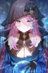 Rule 34 | 1girl, bare shoulders, black gloves, breasts, cleavage, collarbone, commentary request, crystal ball, earrings, gloves, heaven burns red, highres, jewelry, large breasts, long hair, multicolored eyes, pink eyes, pink hair, sakuraba seira, sidelocks, solo, sonchi, veil, witch