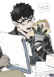 Rule 34 | 1boy, alchemy stars, black hair, coat, eating, facial scar, food, glasses, gloves, holding, long sleeves, male focus, open mouth, paper, pittman (alchemy stars), scar, scar on cheek, scar on face, shirt, shishio (shishio5431), short hair, solo