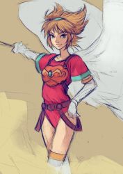 Rule 34 | 1girl, angel wings, armor, blonde hair, breasts, breath of fire, breath of fire i, capcom, closed mouth, elbow gloves, gloves, hairband, highres, kannoaki, leotard, looking at viewer, nina (breath of fire i), short hair, simple background, smile, solo, sword, thighhighs, weapon, white wings, wings
