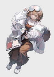 Rule 34 | 1girl, absurdres, arknights, brown eyes, brown hair, brown overalls, eyewear on head, goggles, goggles on head, highres, invisible chair, jacket, long sleeves, overalls, palette (object), roberta (arknights), shirt, shoes, simple background, sitting, sleepless (wrysmile), solo, white background, white footwear, white jacket, white shirt