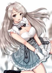 Rule 34 | 1girl, absurdres, blush, brown eyes, cleavage cutout, clothing cutout, conte di cavour (kancolle), conte di cavour nuovo (kancolle), grey hair, highres, himura moritaka, kantai collection, long hair, open mouth, simple background, smile, solo, white background