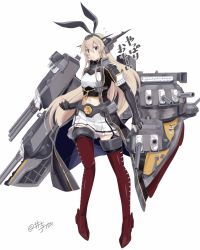 Rule 34 | 1girl, animal ears, black eyes, black gloves, blonde hair, cannon, commentary request, cosplay, elbow gloves, fake animal ears, fingerless gloves, full body, gloves, hairband, headgear, highres, inoue kousei, kantai collection, long hair, machinery, miniskirt, nagato (kancolle), nagato (kancolle) (cosplay), pleated skirt, rabbit ears, red thighhighs, remodel (kantai collection), shimakaze (kancolle), simple background, skirt, solo, standing, thighhighs, turret, white background
