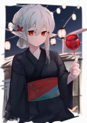 Rule 34 | 1girl, alternate costume, ao oni (onioni-aoi), arknights, black kimono, braid, candy apple, closed mouth, crown braid, folding fan, food, hair ornament, hand fan, highres, holding, holding food, japanese clothes, kimono, lantern, long sleeves, looking at viewer, night, night sky, obi, outdoors, pointy ears, red eyes, sash, short hair, sky, solo, upper body, warfarin (arknights), wide sleeves, yukata