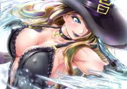 Rule 34 | 1girl, absurdres, alternate costume, black lips, blonde hair, blue eyes, breasts, bro.you-yan, choker, cleavage, halloween, halloween costume, hat, highres, ice, kolin, large breasts, lips, lipstick, long hair, makeup, nipples, simple background, solo, street fighter, street fighter v, wavy hair, white background, witch hat