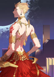 Rule 34 | 1boy, armlet, armor, blonde hair, bracelet, commentary request, earrings, fate/grand order, fate (series), feet out of frame, gilgamesh (fate), highres, jewelry, koyashi (mmmuma), male focus, nebuchadenezzar (fate), necklace, official alternate costume, open mouth, red eyes, revealing clothes, short hair, solo, toned