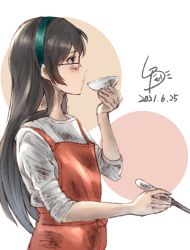 Rule 34 | apron, artist logo, black hair, commentary request, dated, green eyes, green hairband, hairband, highres, kantai collection, ld (luna dial398), long hair, one-hour drawing challenge, ooyodo (kancolle), orange apron, saucer, semi-rimless eyewear, under-rim eyewear, white background