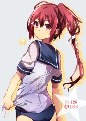 Rule 34 | 10s, 1girl, ?, bad id, bad nicoseiga id, character name, hair ribbon, i-168 (kancolle), kantai collection, long hair, looking at viewer, personification, ponytail, red eyes, red hair, ribbon, school swimsuit, school uniform, see-through, serafuku, solo, speech bubble, swimsuit, swimsuit under clothes, usuke (38257259), wet, wet clothes