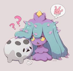 Rule 34 | ..., ?, ??, artist name, blue eyes, colored sclera, commentary, corsola, creature, creatures (company), english commentary, frown, full body, galarian and normal, galarian corsola, galarian form, game freak, gen 2 pokemon, gen 7 pokemon, gen 8 pokemon, grey background, horns, mareanie, milka (milk4ppl), nintendo, no humans, pokemon, pokemon (creature), signature, simple background, speech bubble, standing, sweat, thought bubble, yellow sclera
