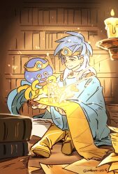 Rule 34 | 1boy, blue cape, blue cloak, blue eyes, blue gemstone, blue hair, blue pants, book, bookshelf, boots, candle, cape, circlet, cloak, closed mouth, commentary request, dragon quest, dragon quest iii, full body, gem, healslime, hero (dq3), highres, holding, holding paper, holding scroll, indian style, indoors, knee boots, light, light particles, medium hair, monster, pants, paper, parchment, roto (dq3), sage (dq3), scroll, sitting, smile, twitter username, wakana 0125, yellow footwear