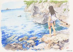 Rule 34 | 1girl, bad id, bad twitter id, bare legs, black hair, facing away, from behind, open clothes, open shirt, original, outdoors, painting (medium), rock, sandals, unworn sandals, scenery, shore, short sleeves, shorts, solo, tanaka kunihiko, traditional media, water, watercolor (medium), white shorts