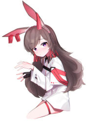 Rule 34 | 1girl, absurdres, animal ears, april (arknights), arknights, arms up, beudelb, brown hair, dress, highres, looking at viewer, purple eyes, rabbit ears, simple background, solo, thigh strap, white background, white dress