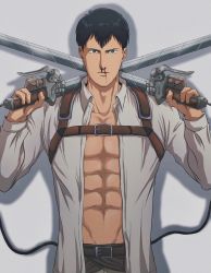 Rule 34 | 1boy, bad id, bad pixiv id, belt, bertolt hoover, blood, brown belt, bun (bbb81bun), chest belt, collared shirt, cowboy shot, crossed swords, dual wielding, highres, holding, leather belt, looking at viewer, male focus, nosebleed, open clothes, open shirt, paradis military uniform, pectoral cleavage, pectorals, shingeki no kyojin, shirt, solo, sword, three-dimensional maneuver gear, toned, toned male, weapon