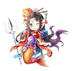 Rule 34 | 1girl, back bow, bare shoulders, black hair, blue bow, blue eyes, bow, bubble, chinese clothes, chinese hairpin, clothing cutout, dress, fins, fish girl, fish hair ornament, fish tail, floating hair, forehead jewel, full body, gem, gyaza, hair ornament, hanfu, head fins, highres, long hair, menghuan xi you, one eye closed, original, parted bangs, pearl (gemstone), polearm, red dress, shell, shoulder cutout, solo, tail, trident, weapon, whistling, white background, wide sleeves
