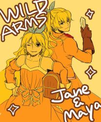Rule 34 | 2girls, belt, blonde hair, blue eyes, bow, breasts, brown eyes, calamity jane, crossover, detached sleeves, dress, drill hair, gloves, hair ribbon, hairband, long hair, maya schrodinger, multiple girls, open mouth, orange dress, ribbon, sidelocks, smile, wild arms, wild arms 1, wild arms 3