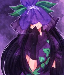 Rule 34 | 1girl, black gloves, black hair, china dress, chinese clothes, closed mouth, dress, flower, gloves, highres, long hair, purple dress, purple flower, short sleeves, sidelocks, smile, solo, sweetkooky, touhou, twitter username, unfinished dream of all living ghost, upper body, yomotsu hisami
