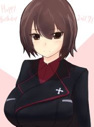 Rule 34 | 1girl, birthday, black jacket, brown eyes, brown hair, closed mouth, commentary, dated, dress shirt, english text, girls und panzer, happy birthday, highres, insignia, jacket, kei0912, kuromorimine military uniform, looking at viewer, military, military uniform, nishizumi maho, portrait, red shirt, shirt, short hair, smile, solo, uniform, wing collar