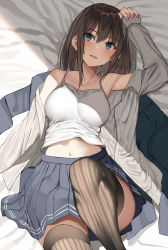 Rule 34 | 1girl, arm up, armpits, bare shoulders, bed sheet, black hair, black jacket, black thighhighs, blue eyes, blue skirt, breasts, camisole, collarbone, grey shirt, highres, jacket, kureha (ironika), large breasts, leg up, long hair, long sleeves, looking at viewer, lying, midriff, miniskirt, navel, off shoulder, on back, open clothes, open mouth, open shirt, original, pleated skirt, shirt, skirt, sleeveless, sleeveless shirt, smile, solo, spaghetti strap, striped clothes, striped thighhighs, thighhighs, tsubasa (kureha), undershirt, unworn jacket, white shirt