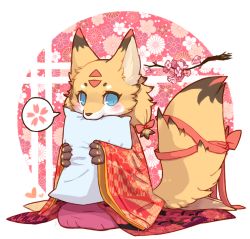 Rule 34 | androgynous, bed, blue eyes, fox, furry, gender request, highres, japanese clothes, lovewolf5122, solo, white background