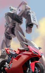Rule 34 | av-98 ingram, cloud, commentary, commentary request, engine, highres, k-kat, kidou keisatsu patlabor, lights, machinery, mecha, motor vehicle, motorcycle, no humans, police, police badge, realistic, robot, science fiction, shield