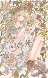 Rule 34 | 3girls, absurdres, arms up, ayatokoroten, blonde hair, blue eyes, blue flower, blue rose, brown dress, brown footwear, clothes lift, commentary, cross-laced footwear, dress, english commentary, eye contact, fairy, fish, flower, green dress, head wreath, highres, knees up, leaf, legs together, lifting own clothes, lily (flower), looking at another, multiple girls, original, parted lips, ponytail, puffy short sleeves, puffy sleeves, purple hair, red flower, red rose, rose, short sleeves, silver hair, skirt, skirt lift, thorns, white dress, yellow flower, yellow rose