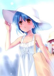 Rule 34 | 1girl, :&lt;, alternate costume, bag, bloom, blue hair, blush, breasts, center frills, commentary request, day, dress, eyes visible through hair, frills, hair between eyes, hand up, holding, holding bag, little busters!, looking afar, nishizono mio, orange eyes, outdoors, parted lips, shopping bag, short hair, simple background, sketch, small breasts, solo, summer, sundress, upper body, v-shaped eyebrows, white dress, white headwear, zen (kamuro)