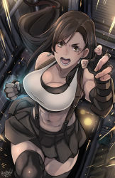 Rule 34 | abs, black skirt, black thighhighs, breasts, brown eyes, butcha-u, clenched hand, earrings, elbow gloves, elbow pads, final fantasy, final fantasy vii, final fantasy vii remake, fingerless gloves, gloves, glowing fist, highres, jewelry, large breasts, long hair, looking at viewer, low-tied long hair, midriff, miniskirt, open hand, open mouth, pleated skirt, running, shirt, skirt, solo, sparks, suspender skirt, suspenders, tank top, taut clothes, taut shirt, thighhighs, tifa lockhart, toned