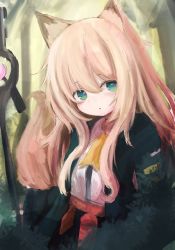 Rule 34 | 1girl, animal ear fluff, animal ears, arknights, black skirt, blonde hair, blue jacket, commentary request, green eyes, hair between eyes, highres, holding, holding staff, jacket, long hair, long sleeves, looking at viewer, open clothes, open jacket, parted lips, piennamekuzi, podenco (arknights), shirt, skirt, sleeves past wrists, solo, staff, tail, very long hair, white shirt, wide sleeves