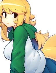 Rule 34 | 1girl, absurdres, apricot (d-floe), blonde hair, blue skirt, breasts, brown eyes, d-floe, fins, fish tail, highres, hood, hoodie, large breasts, long hair, long sleeves, looking at viewer, original, parted lips, pleated skirt, shark girl, shark tail, simple background, skirt, solo, tail, white background