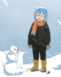 Rule 34 | 1girl, black jacket, black pants, blizzard, blue hair, blush, boots, brown footwear, closed mouth, crying, erika (mads ez), furrowed brow, gloves, grey gloves, hair between eyes, hair ornament, hairclip, highres, jacket, long hair, long sleeves, mads ez, open mouth, orange scarf, original, pants, rubber boots, scarf, short hair, sidelocks, snowman, solo, standing, winter