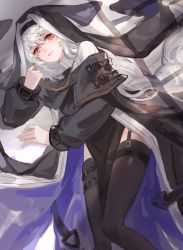 Rule 34 | 1girl, absurdres, arknights, black dress, black hat, black jacket, black thighhighs, chain, dress, feet out of frame, garter straps, gold chain, grey hair, habit, hat, highres, holding, holding chain, jacket, long hair, long sleeves, looking at viewer, lying, on side, parted lips, pelvic curtain, red eyes, smile, solo, specter (arknights), thighhighs, was775