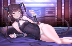 Rule 34 | 1girl, bare shoulders, black dress, blue eyes, blunt bangs, blush, breasts, china dress, chinese clothes, closed mouth, covered navel, dress, fate/grand order, fate (series), hair ornament, highres, leaf hair ornament, long hair, looking at viewer, lying, on side, panties, purple hair, short dress, sidelocks, small breasts, smile, solo, thighs, twintails, underwear, unizou, very long hair, white panties, yang guifei (fate), yang guifei (second ascension) (fate)