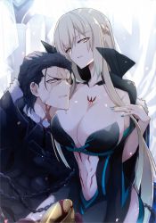 Rule 34 | 1boy, 1girl, agravain (fate), armor, bare shoulders, black armor, black hair, blood, blood on face, board game, body markings, braid, breasts, cape, center opening, chalice, cheekbones, cleavage, crown, cup, fate/grand order, fate (series), french braid, fur-trimmed cape, fur cape, fur trim, go (board game), chalice, highres, holy grail (fate), large breasts, long hair, morgan le fay (fate), mother and son, navel, nogi (acclima), platinum blonde hair, revealing clothes, short hair, solo, yellow eyes