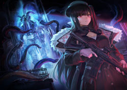 Rule 34 | 1girl, assault rifle, black hair, breasts, character request, diving suit, dry suit, fur trim, gun, highres, holding, holding gun, holding weapon, jacket, knives out, large breasts, liquid, long hair, mashuu (neko no oyashiro), one side up, red eyes, rifle, standard diving dress, stasis tank, sweatdrop, tentacles, trigger discipline, weapon, weapon request