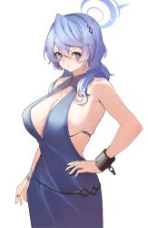 Rule 34 | 1girl, ako (blue archive), ako (dress) (blue archive), backless dress, backless outfit, blue archive, blue eyes, blue hair, blue halo, breasts, cleavage, closed mouth, cuffs, dress, hair between eyes, halo, hand on own hip, handcuffs, highres, large breasts, long hair, looking at viewer, majo (pastamajo), official alternate costume, sideboob, simple background, sleeveless, sleeveless dress, solo, white background