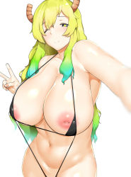 Rule 34 | 1girl, bad id, bad pixiv id, black one-piece swimsuit, blonde hair, blush, breasts, cleavage, closed mouth, dragon girl, dragon horns, gradient hair, green hair, highres, horns, huge breasts, inverted nipples, kobayashi-san chi no maidragon, large areolae, long hair, looking at viewer, lucoa (maidragon), multicolored hair, navel, nipple slip, nipples, noel (nnoelllll), one-piece swimsuit, outstretched arm, shiny skin, simple background, slingshot swimsuit, slit pupils, smile, solo, standing, swimsuit, v, white background, yellow pupils