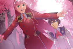 Rule 34 | 10s, 1boy, 1girl, black hair, blue eyes, cherry blossoms, commentary, commentary request, couple, darling in the franxx, english commentary, gold trim, green eyes, hair ornament, hairband, hetero, hiro (darling in the franxx), horns, long hair, long sleeves, military, military uniform, necktie, oni horns, open mouth, orange neckwear, petals, pink hair, raitho, red horns, red neckwear, short hair, teeth, tree, uniform, white hairband, zero two (darling in the franxx)