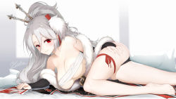 Rule 34 | 1girl, absurdres, azur lane, bandages, bare legs, bare shoulders, barefoot, black kimono, black panties, blush, breasts, bridal garter, bridal gauntlets, budget sarashi, cleavage, closed mouth, collarbone, commentary request, cross, deep skin, fur-trimmed kimono, fur-trimmed sleeves, fur trim, grey hair, hair between eyes, hair ornament, hair stick, haku89, hand on thigh, highres, iron cross, japanese clothes, kimono, large breasts, long hair, looking at viewer, lying, mole, mole under eye, multicolored clothes, multicolored kimono, off shoulder, official alternate costume, on side, panties, ponytail, prinz heinrich (azur lane), prinz heinrich (fireworks and tapestries) (azur lane), red eyes, sarashi, sidelocks, signature, smile, solo, underwear, very long hair