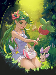Rule 34 | + +, 1girl, :d, apron, bare arms, bone, bounsweet, bowl, breasts, bush, collarbone, commentary, cream, creatures (company), dark-skinned female, dark skin, flower, flower on head, forest, game freak, gen 7 pokemon, grass, green eyes, green hair, hair flower, hair ornament, highres, lurantis, mallow (pokemon), mixer (cooking), morelull, nature, nintendo, open mouth, outdoors, peeking out, pink shirt, pokemon, pokemon (creature), pokemon sm, seiza, shirt, sitting, sleeveless, sleeveless shirt, smile, sparkling eyes, swept bangs, thighs, tree, trial captain, twintails, zu-m (zumcunix)