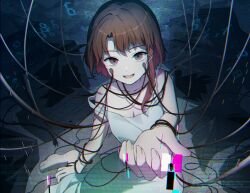 Rule 34 | 1girl, asymmetrical hair, barefoot, broken, brown eyes, brown hair, cable, chromatic aberration, commentary request, dress, entangled, feet, flat chest, glitch, hair ornament, highres, iwakura lain, looking at viewer, maruta (shummylass), monitor, open mouth, outstretched arm, reaching, reaching towards viewer, serial experiments lain, short hair, single sidelock, sitting, smile, solo, strap slip, white dress, x hair ornament, yokozuwari