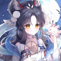 Rule 34 | 1girl, bad link, black hair, blush, brown eyes, chinese clothes, closed mouth, dress, full moon, hagoromo, hair ornament, hair rings, hand fan, hand up, hanfu, highres, holding, holding fan, laidian niannian qiaoshan ba, long hair, moon, night, night sky, original, parted bangs, qixiong ruqun, rabbit, ruqun, shawl, sky, solo, transparent fan, tuanshan, upper body, yellow eyes