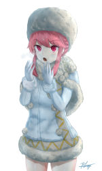 Rule 34 | 1girl, :o, blush, chaciooh, commentary request, fur trim, gloves, hat, highres, jacket, jakuzure nonon, kill la kill, looking at viewer, pink eyes, pink hair, signature, simple background, solo, white background, white gloves, white jacket, winter clothes